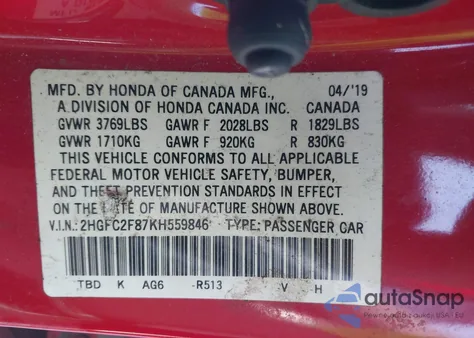 2019 Honda Civic Sport из США, поврежденный, VIN 2HGFC2F87KH559846